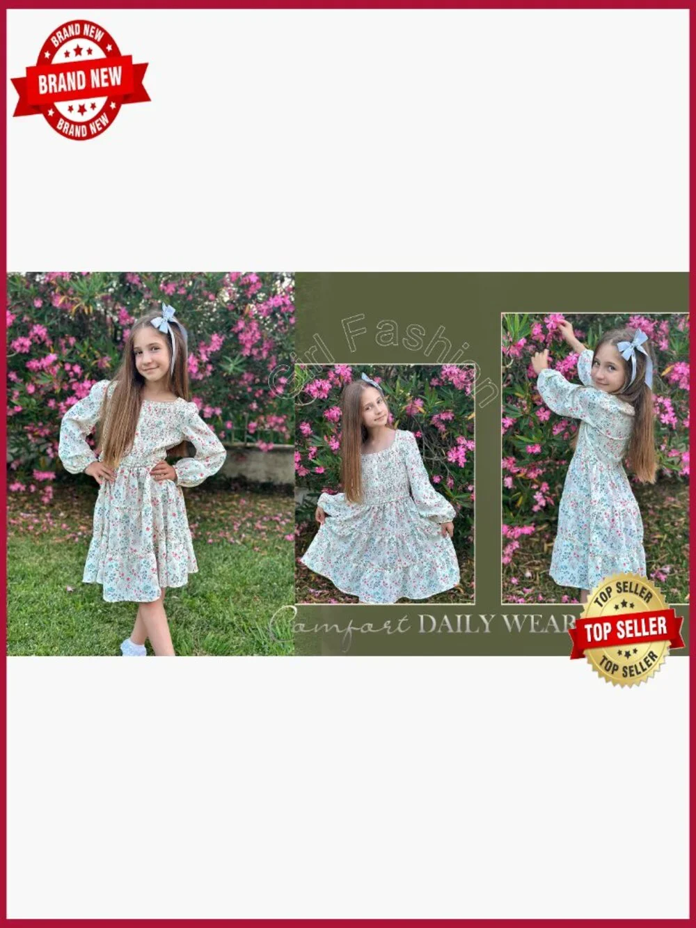 Girls Long Sleeve Square Neck Smocked Tiered A-Line Casual Dress Size 5-14 Fall